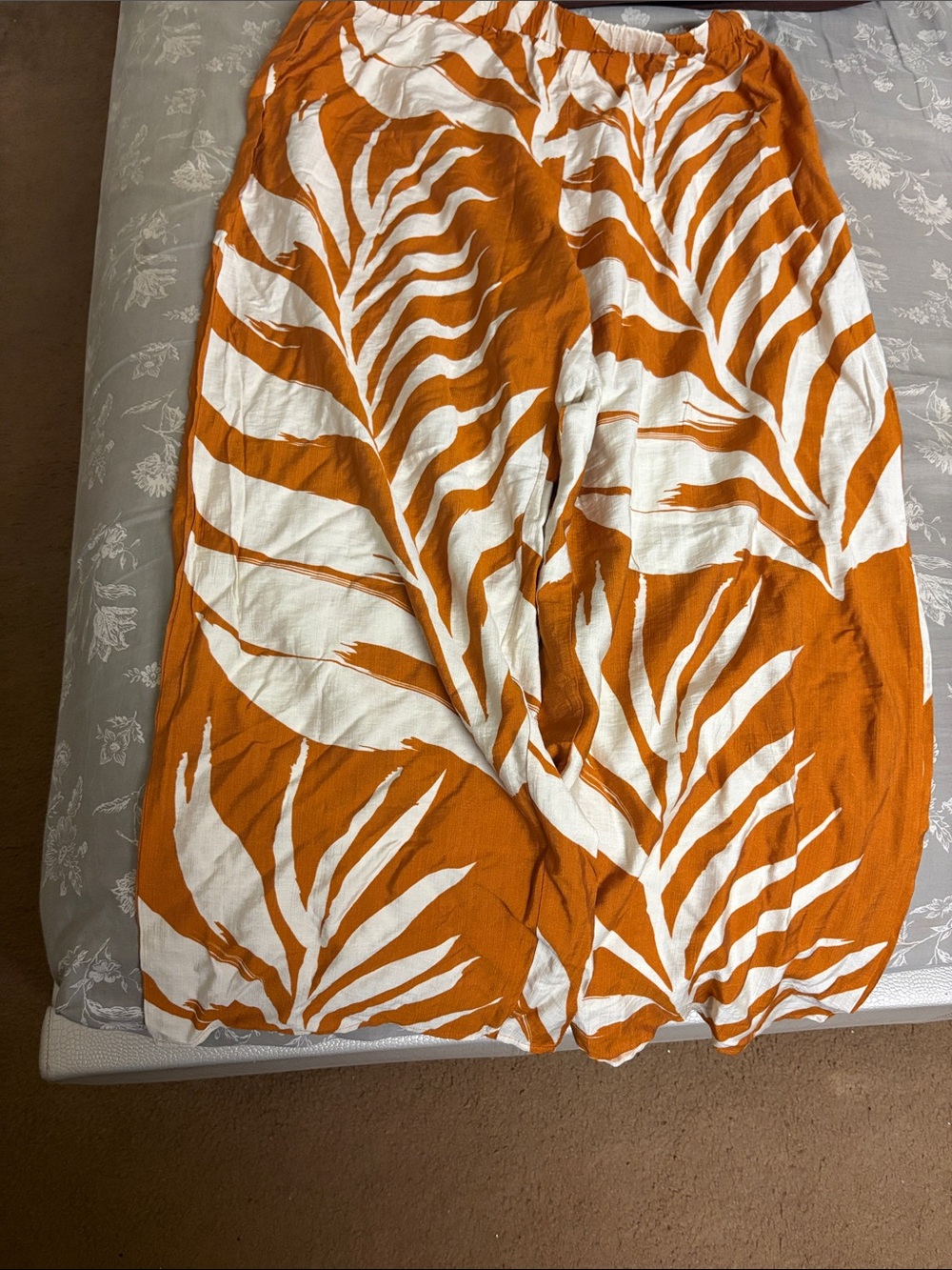 Haven + Blair Orange White Tropical Leaf Wide Leg Pants